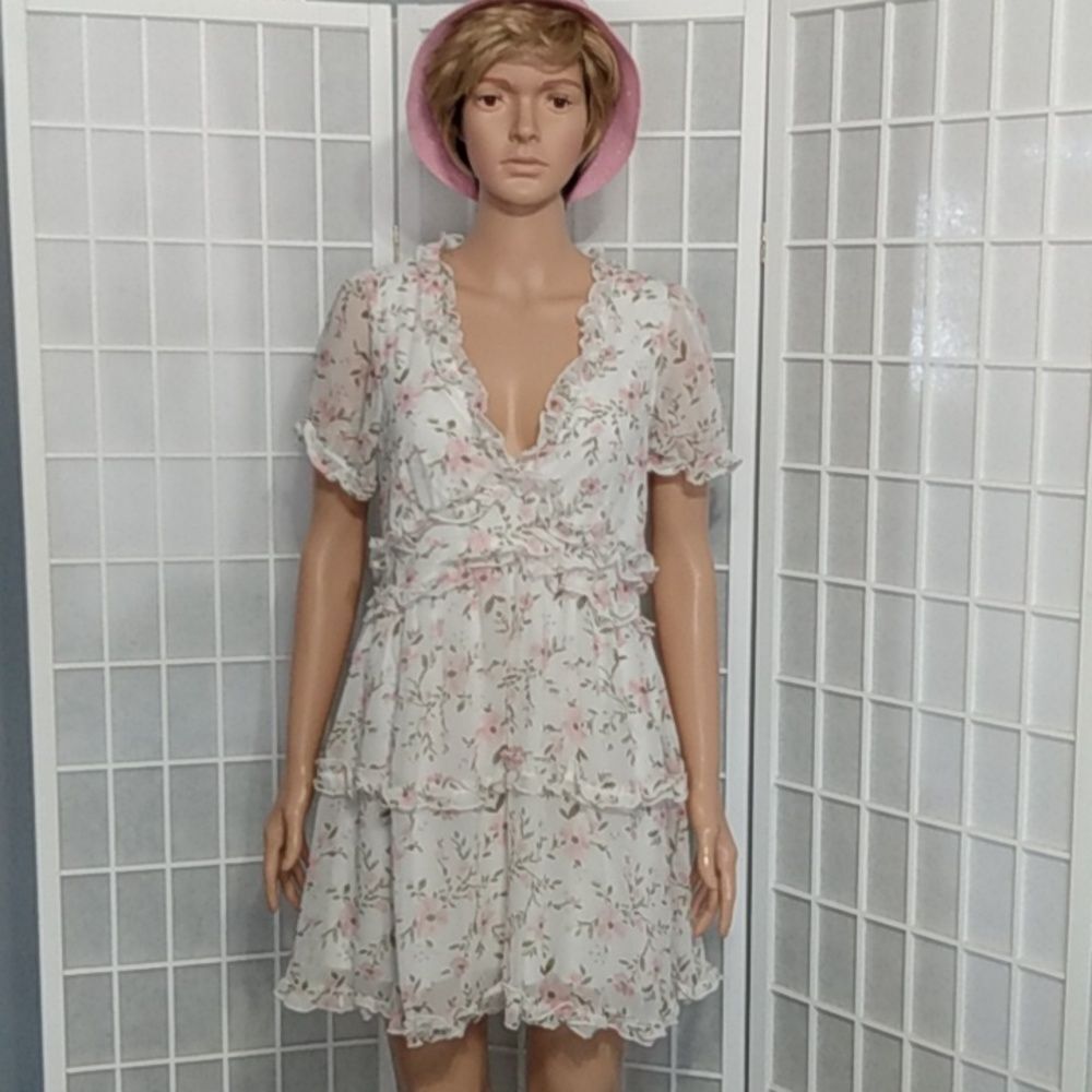 Trixxi Chiffon Dress – White/Pink Floral – Lined – NWOT‎ – Size L - Picture 4 of 15